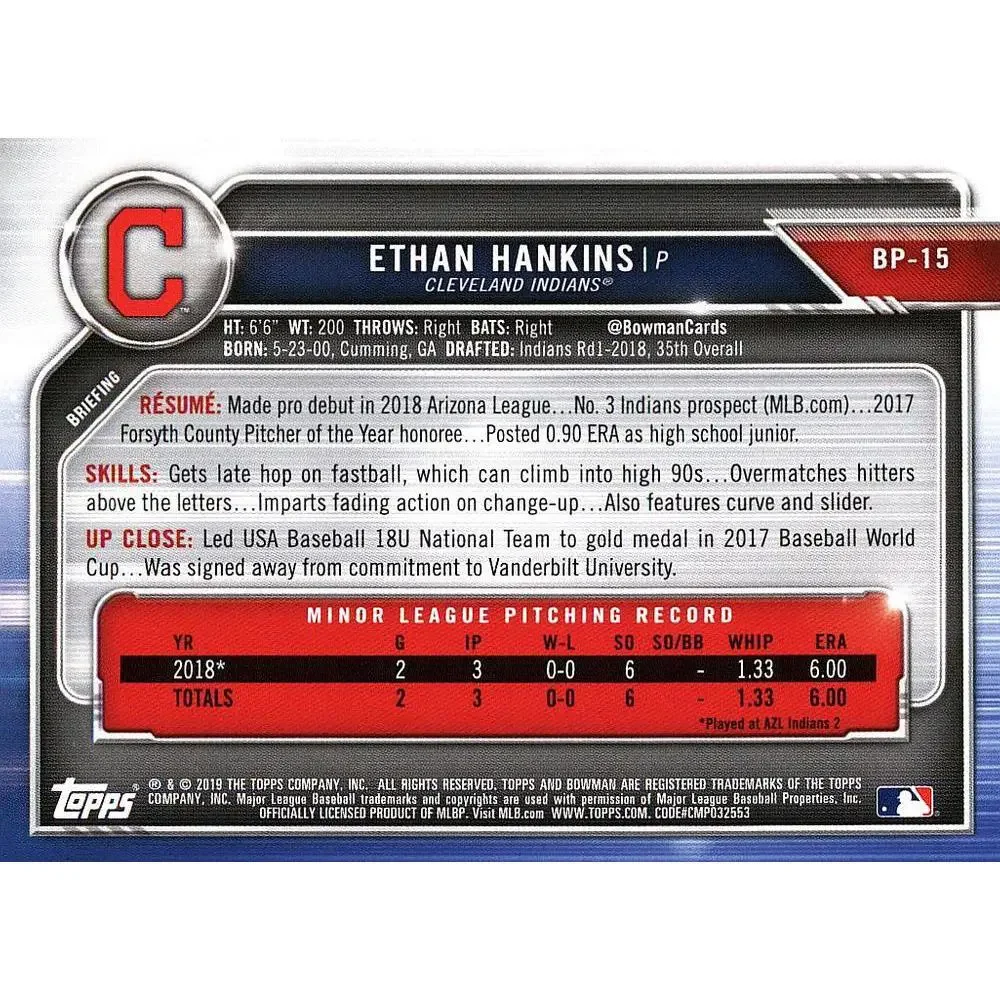 2019 Bowman Prospects Ethan Hankins #BP-15 Cleveland Indians